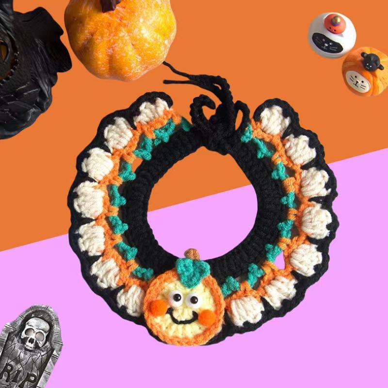 万圣节宠物围兜猫咪围脖狗狗帽子手工针织项圈口水巾南瓜衣服饰品 - 图3