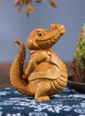 速发黄杨木雕木融大鳄手把件实金男刻工艺品雕士随身盘玩把玩桌面