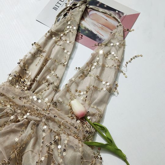 European and American ins sexy backless strappy waist-cinching tassel sequin suspender skirt party banquet evening dress evening wear