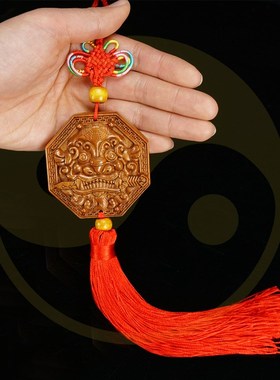 速发纯桃木八卦镜狮咬兽吞口兽挂剑木雕狮子摆件吞口件挂件