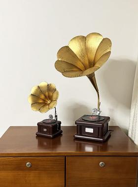 美式覆古家居装饰品客厅酒柜摆件电视柜摆设铁艺留声机道具模型大