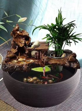 循环流水增氧鱼缸鱼盆过滤器圆形瀑布喷泉造景陶瓷家用装饰品摆件