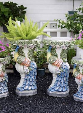 孔雀庭院装饰摆件创意别墅阳台布置户外北欧罗马柱花架花盆底座