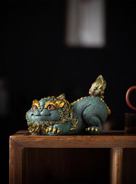 新中国风创意蓝色砂岩皮绣彩金吉祥动物饰品家居，客厅，书房，办