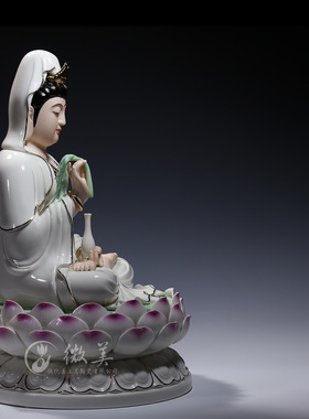 速发结观10彩1吋坐莲观世音菩萨像家居供奉缘音佛像摆件家用陶瓷