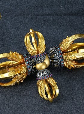 速发五股金刚小降魔杵一字普巴杵藏式摆件黄铜莲花底座大杵号供奉