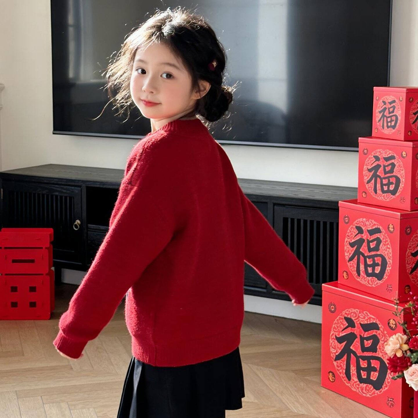 女童拜年服毛衣冬款2025新款洋气儿童韩版时尚保暖小马红色针织衫,淘宝优惠券,粉丝福利购,淘宝优惠卷