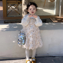 Winter Princess Dress Girl Foreign Air Children Warm Vest Skirt Woman Baby Trendy Birthday Gown Bright Sheet Dress