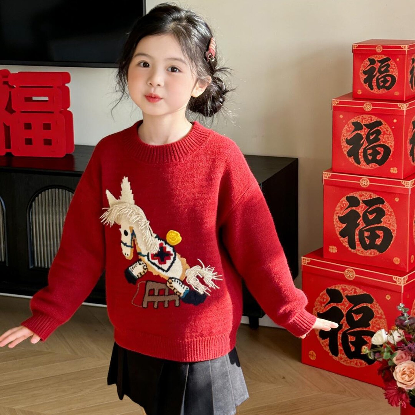 女童拜年服毛衣冬款2025新款洋气儿童韩版时尚保暖小马红色针织衫,淘宝优惠券,粉丝福利购,淘宝优惠卷