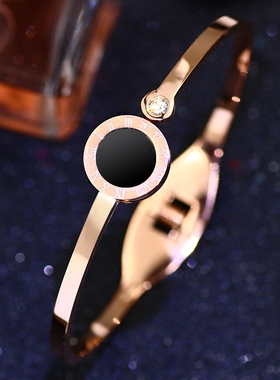 极速韩版时尚f罗马数字手镯女开口个性黑色钛钢不掉色极简风玫瑰