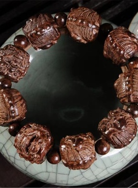 极速越南沉香木雕l刻手串皮黑木民族风佛头关公莲花男女士佛珠文