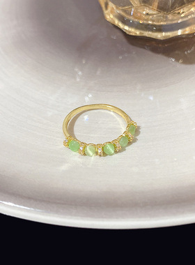 Yuffoni新款绿色简约猫眼石戒指