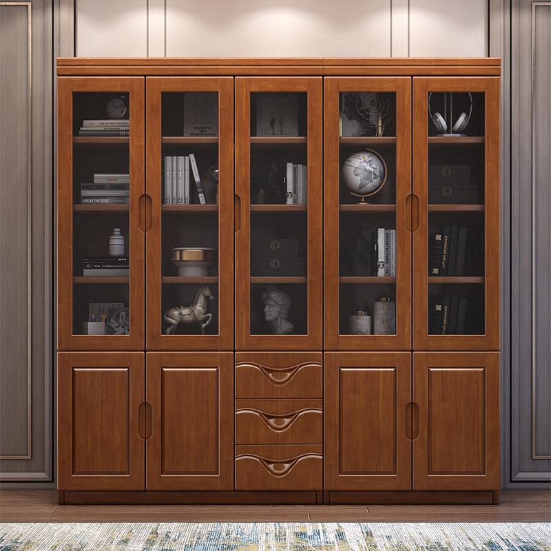 新中式实木书柜书房带玻璃门书架靠墙置物架现代简约收纳柜展示柜 - 图0
