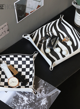 新品北欧简约黑白棋盘格玄关钥匙收E纳摆件托盘桌面化妆品首饰收