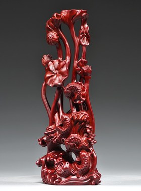 速发品花件年年有鱼根雕荷花雕刻摆梨红木家居装饰工艺红开业乔迁