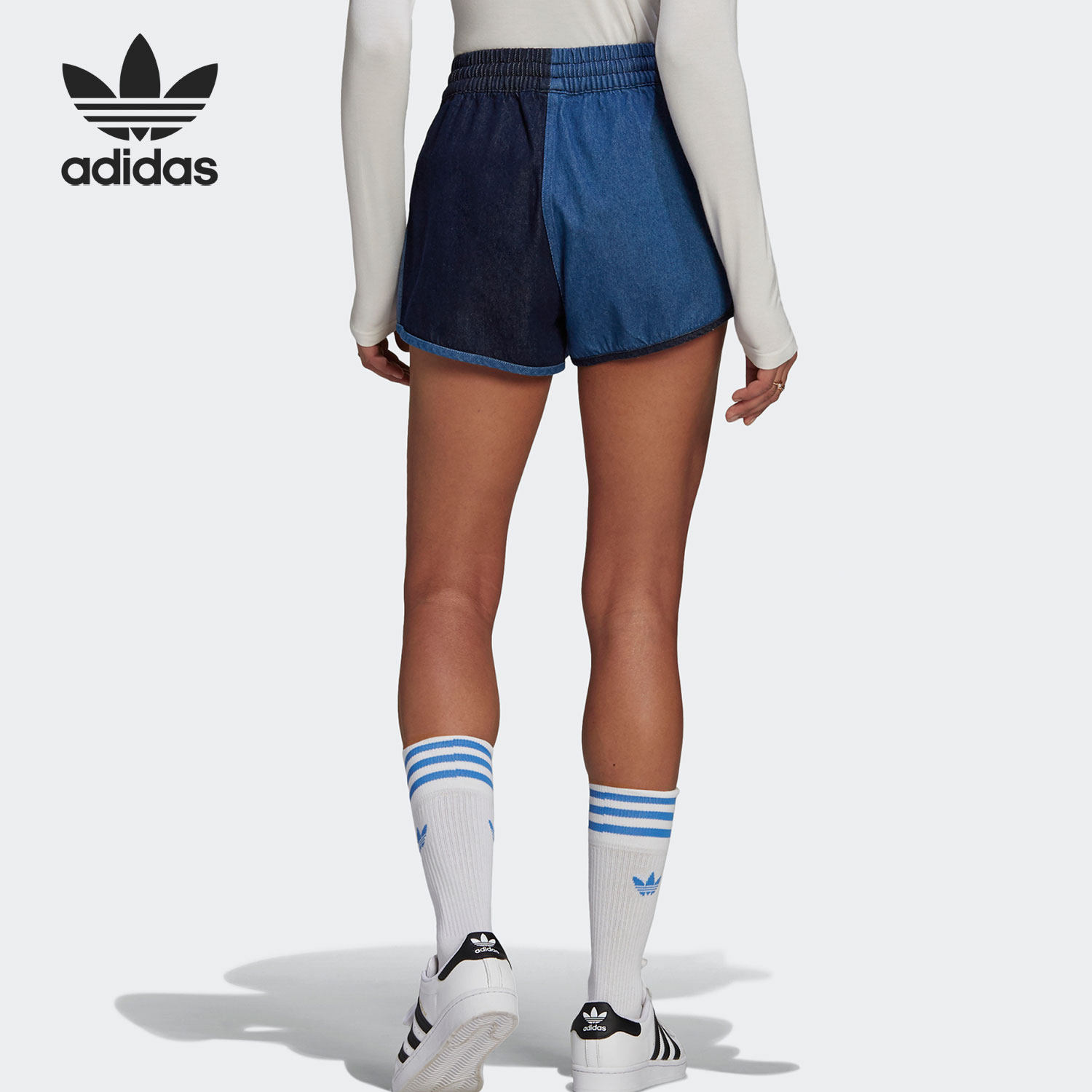 Adidas/阿迪达斯正品三叶草女子复古撞色牛仔运动短裤 GM5374,淘宝优惠券,粉丝福利购,淘宝优惠卷