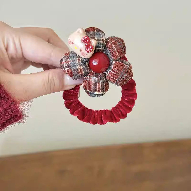 红色格纹花朵发圈儿童秋冬植绒扎发绳可爱卡通丸子头皮筋女童发饰,淘宝优惠券,粉丝福利购,淘宝优惠卷