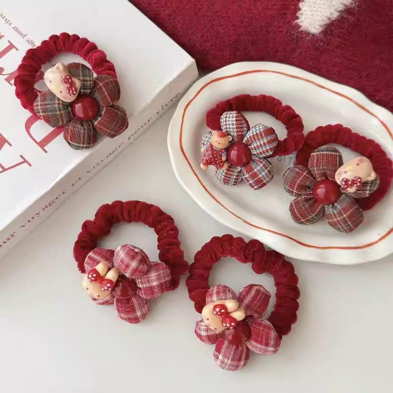 红色格纹花朵发圈儿童秋冬植绒扎发绳可爱卡通丸子头皮筋女童发饰,淘宝优惠券,粉丝福利购,淘宝优惠卷