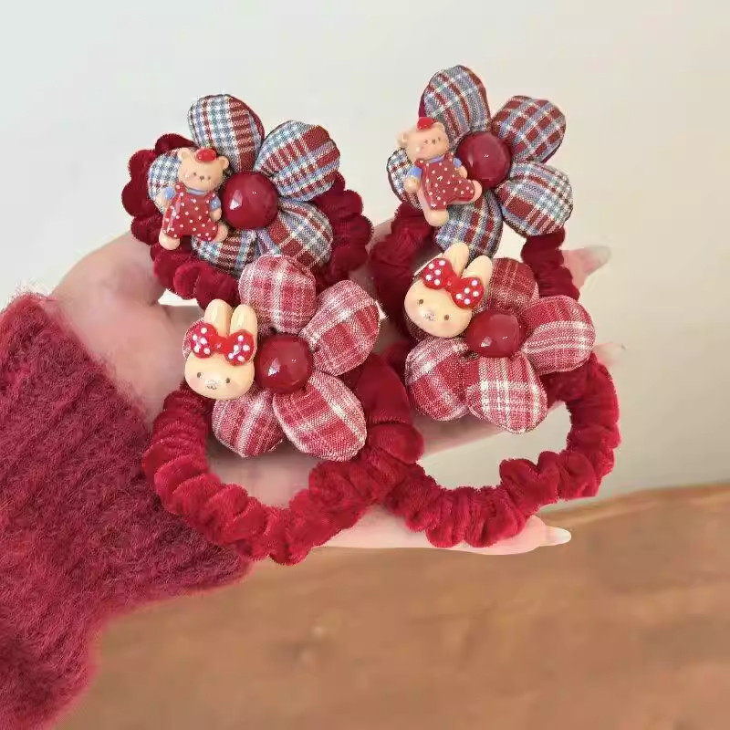 红色格纹花朵发圈儿童秋冬植绒扎发绳可爱卡通丸子头皮筋女童发饰,淘宝优惠券,粉丝福利购,淘宝优惠卷