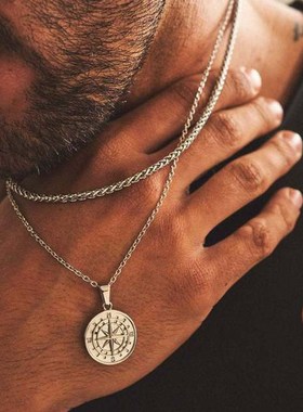新款项链男热销指南针旅行航海吊坠双层链条嘻哈欧美跨境流行配饰