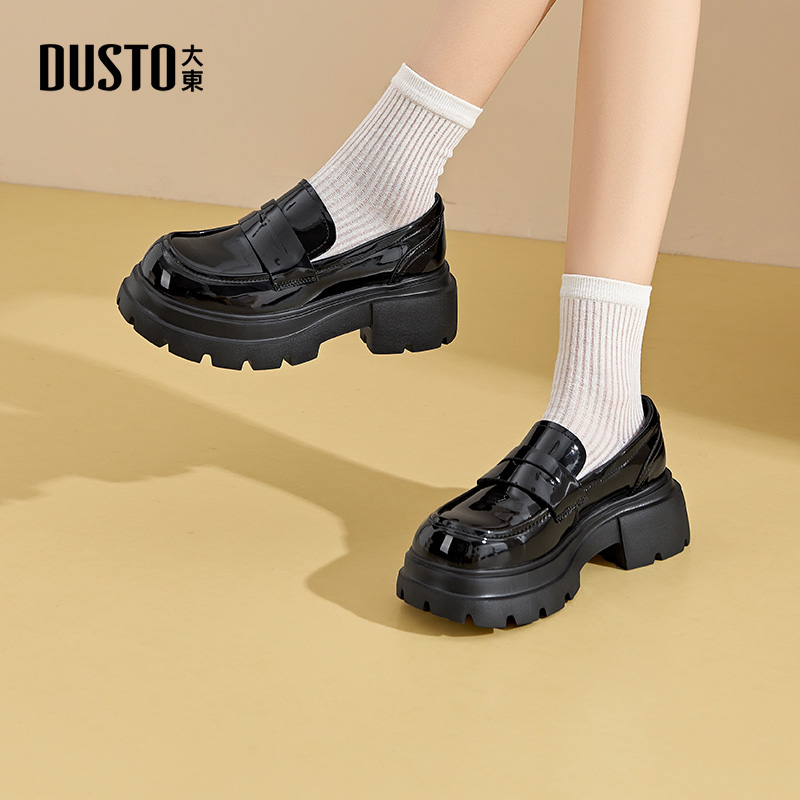 大东黑色漆皮乐福鞋女2025新款秋冬英伦风厚底增高jk小皮鞋一脚蹬 - 图1