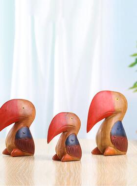 泰国木雕工艺品东南亚风格手工雕刻犀小鸟摆件书架办公室桌面装饰
