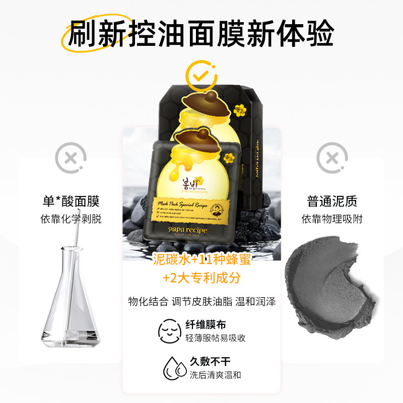 韩国paparecipe黑春雨蜂蜜面膜补水清洁毛孔深层去黑头正品女10片