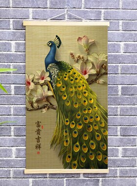极速新中式遇见孔雀装饰挂画竹帘子C复古玄关招财图案茶室客厅墙
