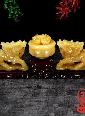 天然米黄玉聚宝盆元宝麒麟摆件招财麒麟家居客厅玄关酒柜装饰摆设