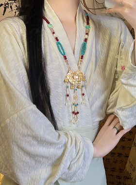极速[晴山]h汉服璎珞平安锁吊坠项链新中式马面裙长流苏背云明制