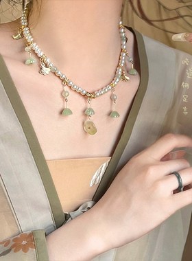 极速古风莲蓬荷叶软璎珞明制坦领珍珠流I苏项链新中式汉服古装项