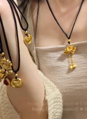 极速福气满满g~小胖福莲花吊坠黑绳项链女简约气质毛衣链时尚百搭