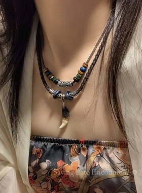 极速波西米亚民族风双层月牙铜钱项链女新中M式复古小众锁骨链个