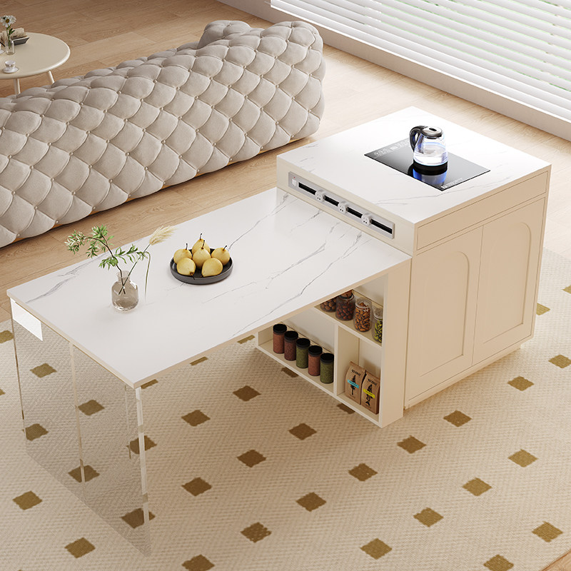 极速奶油风岛台餐桌m家用轻奢岩板吧台柜带电磁炉可移动餐柜茶水,淘宝优惠券,粉丝福利购,淘宝优惠卷