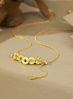 S925纯银碎冰冰五帝币项链女镀金新中式国潮风纳福锁骨链厂家