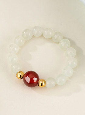 天然和田玉925纯银戒指女轻奢高级感新中式国风ins红玛瑙串珠指环