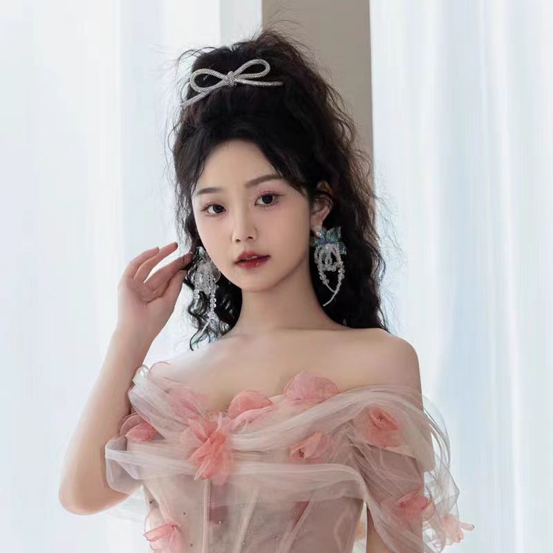 新娘水钻蝴蝶结发夹女订婚结婚发饰高级感生日皇冠婚纱敬酒服头饰 - 图2