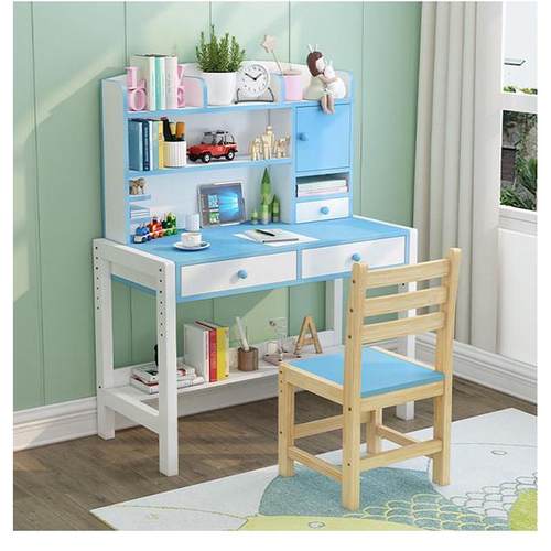 实木儿童升降学习桌桌子木质桌椅写字桌实木粉色蓝色小学生书架 - 图2