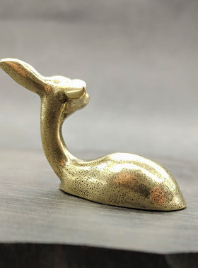 极速中式a古铜小茶宠文玩书房摆件铜鹿复古纯铜迷你小铜器摆件小