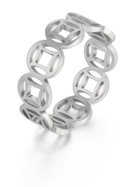 新款跨境钛钢饰品 镂空招财铜钱转运食指钛钢戒指 几何个性复古情