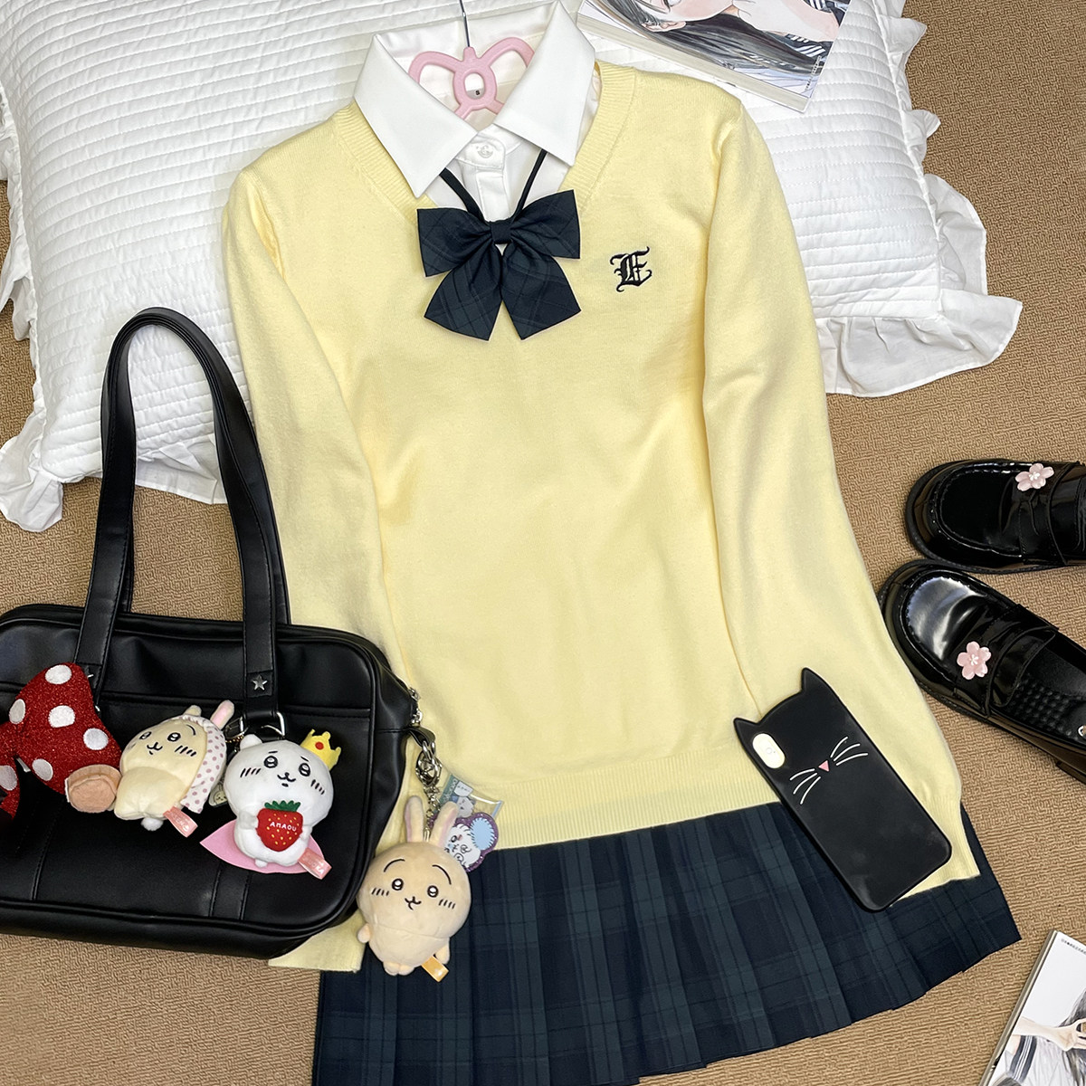 林间萌象正版jk制服学院风长袖套头毛衣女秋冬针织衫叠穿格裙套装 - 图3