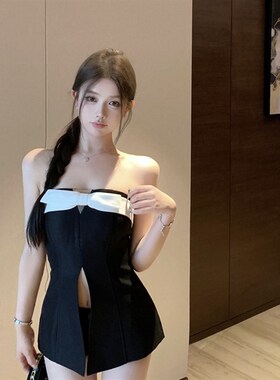 夏季法式甜美撞色蝴蝶结开叉百搭气质背心女外穿无袖性感抹胸上衣