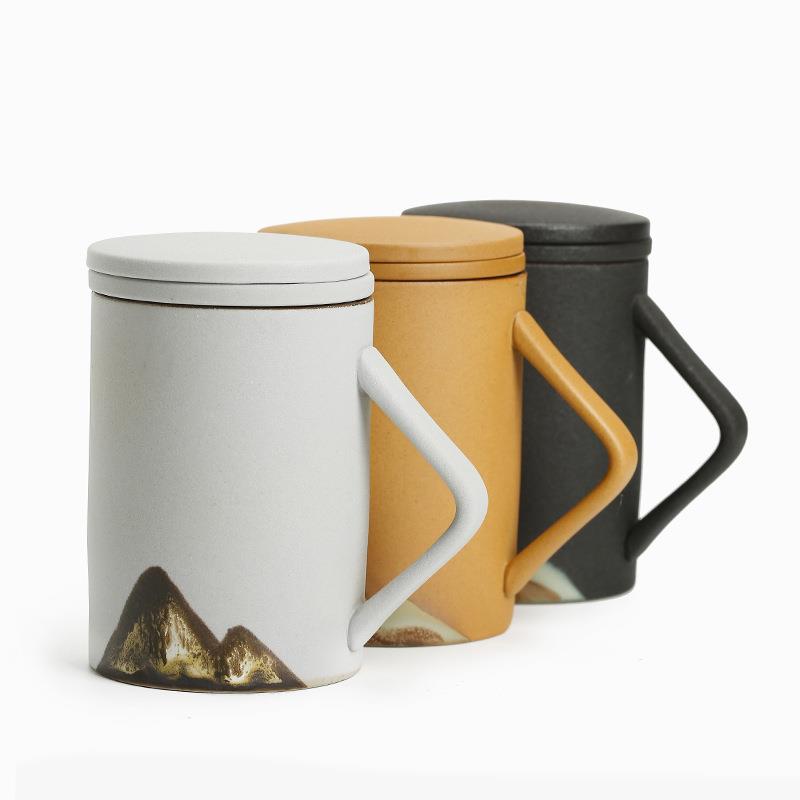日式手绘山景办公杯 陶瓷马克杯带盖过滤大容量喝水杯泡茶杯 - 图3