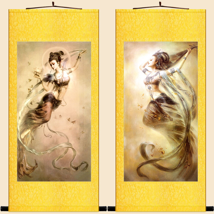 极速敦煌飞天图画像m 仙女卷轴挂画 中式复古油画风格装饰画可定 - 图0