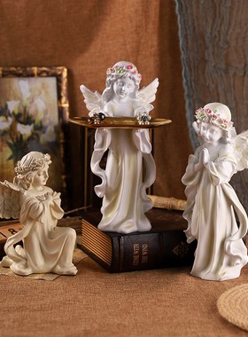 速发欧意玄色小天使孩托盘摆件创式桌面白关少石膏雕塑树脂装饰品