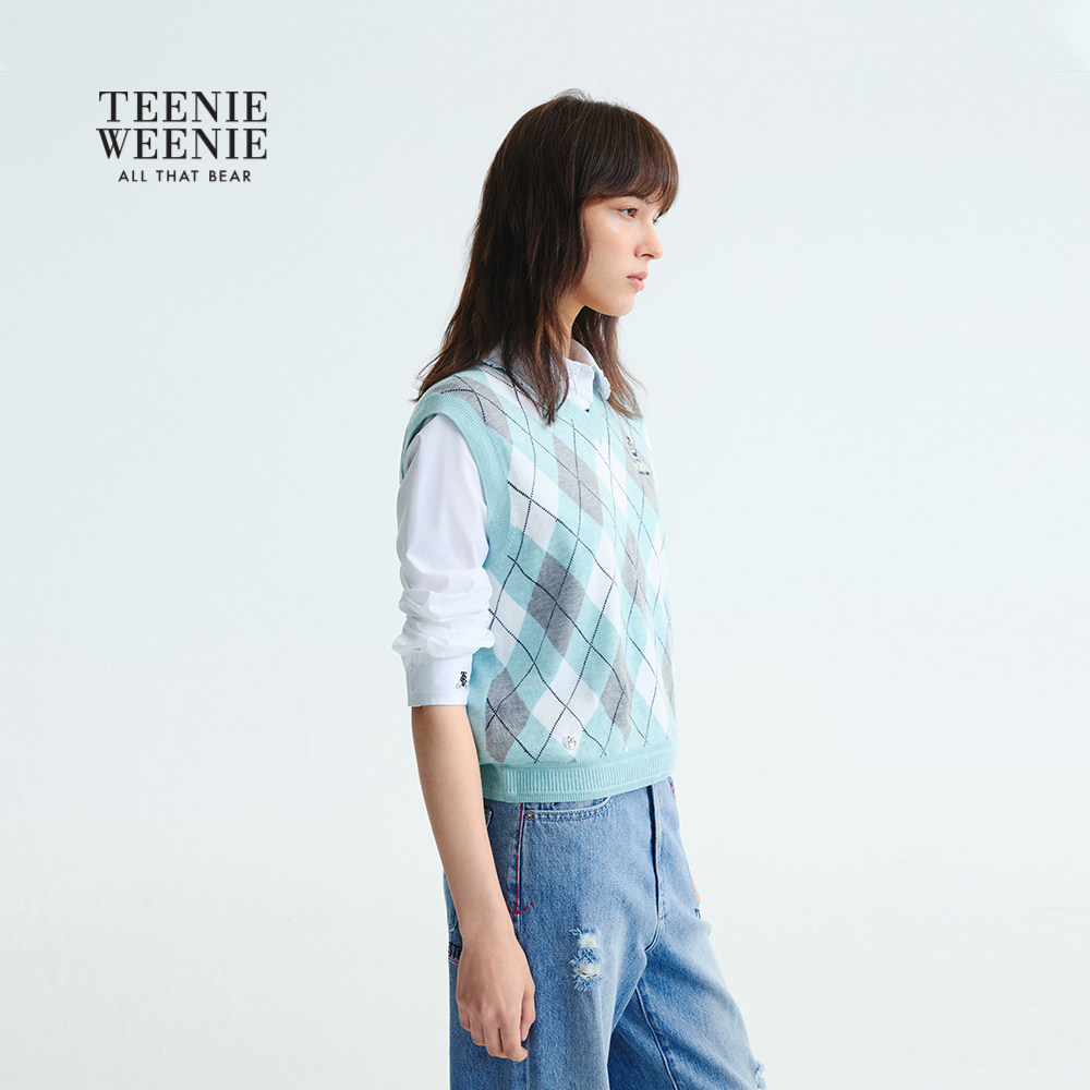 TeenieWeenie小熊女装毛针织衫2025秋季新款学院风菱形格V领背心,淘宝优惠券,粉丝福利购,淘宝优惠卷