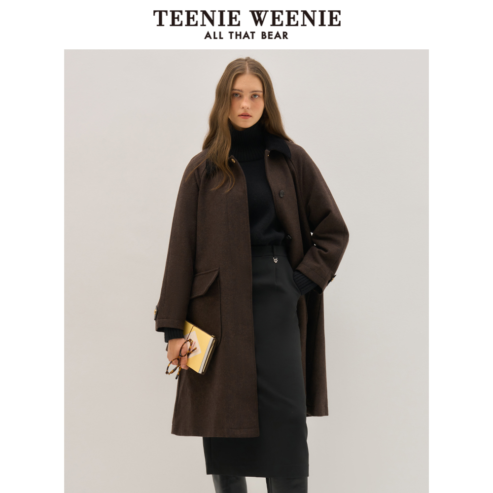 TeenieWeenie小熊冬装风衣式气质时髦澳毛混纺长款毛呢大衣外套女 - 图0