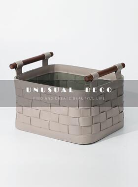 现代欧式创意编织皮革收纳篮摆件样板间售楼处民宿卧室软装饰摆设