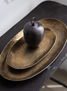 极速装饰推荐藤锤椭圆形托盘新中式铝制金属摆件轻T奢客厅玄关样