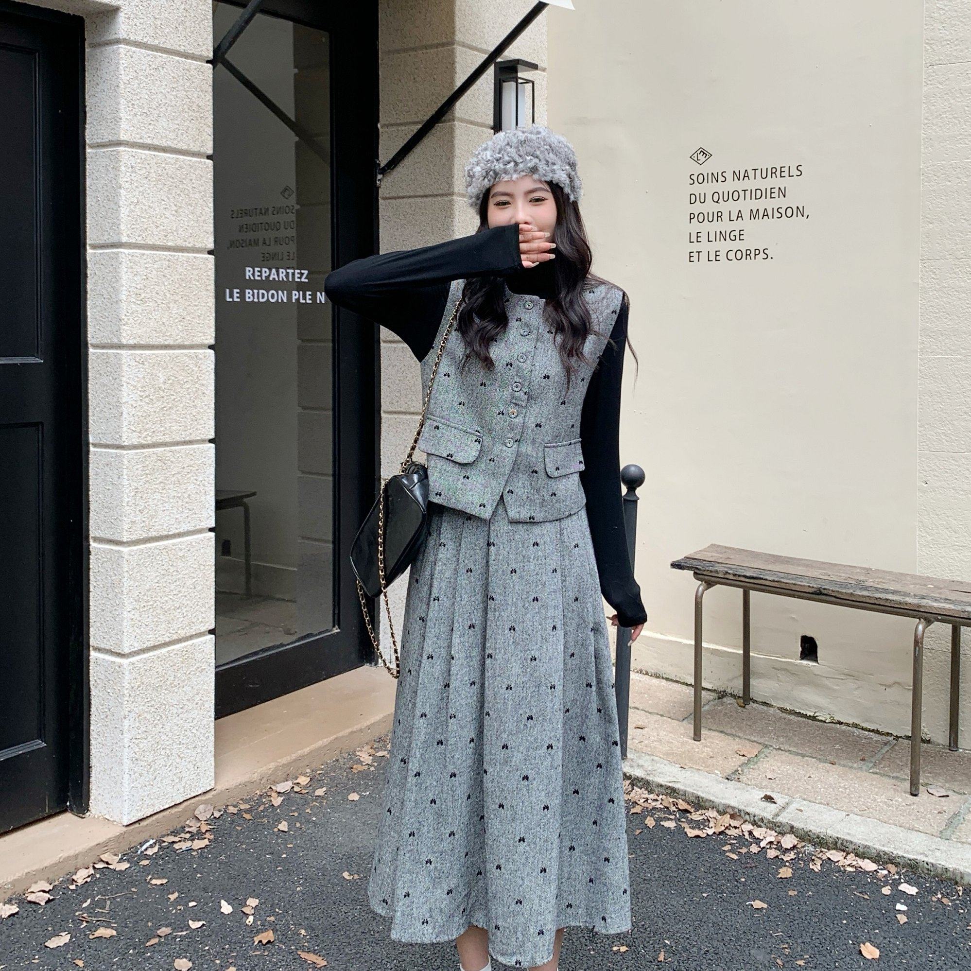 实拍大码秋季复古时尚蝴蝶打底+马甲+半身裙三件套套装女1812,淘宝优惠券,粉丝福利购,淘宝优惠卷